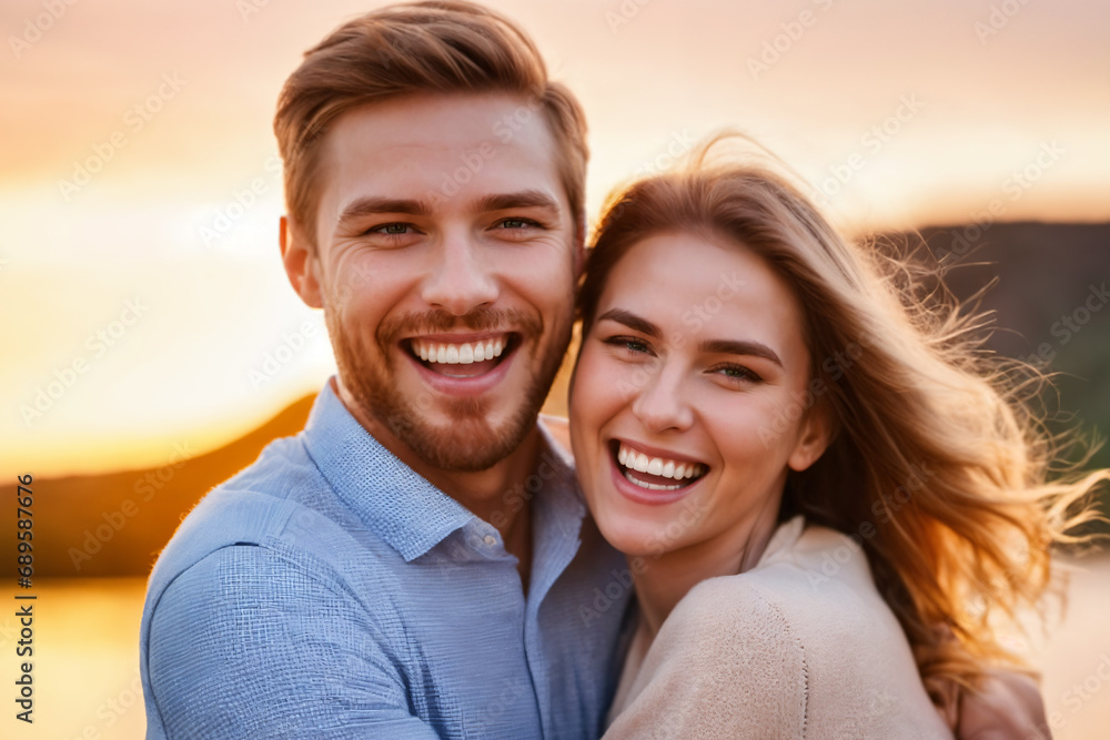 close up portrait of a happy couple against sunset close up portrait of a happy couple against sunset