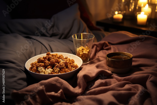 An image capturing the comforting scene of someone in cozy pajamas enjoying a nighttime cereal snack in a softly lit kitchen - representing a guilty pleasure and relaxing late-night moment. photo
