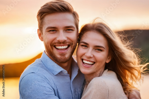 close up portrait of a happy couple against sunset