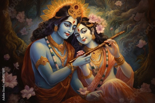 radha and krishna playing flute, hand painted illustration, Generative AI