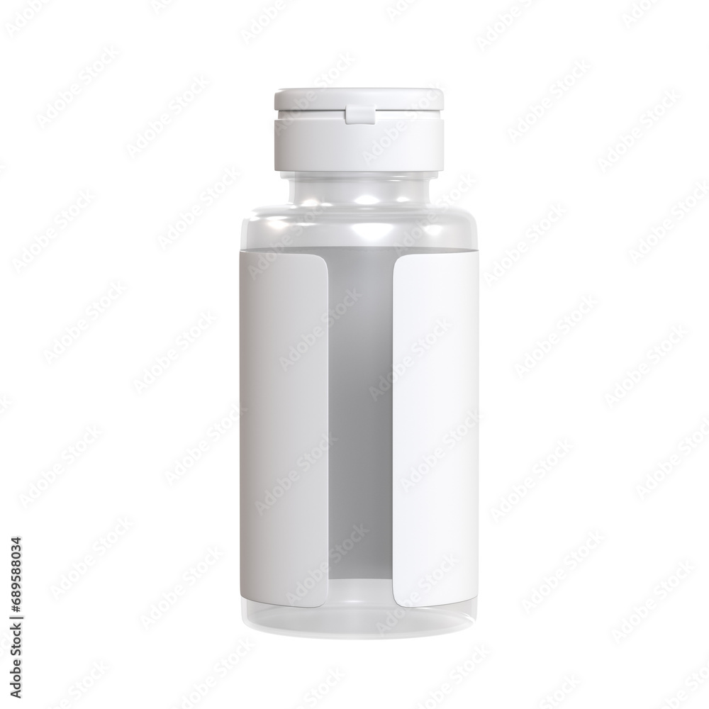 Photorealistic rendering of a medical jar for capsules, tablets, pills with an empty label. Isolated on a white background. Back view Photorealistic rendering of a medical jar for capsules, tablets, pills with an empty label. Isolated on a white background. Back view