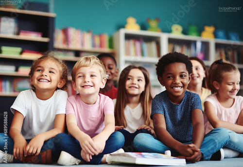 Group Of Pre School Children Answering Question In Classroom photo