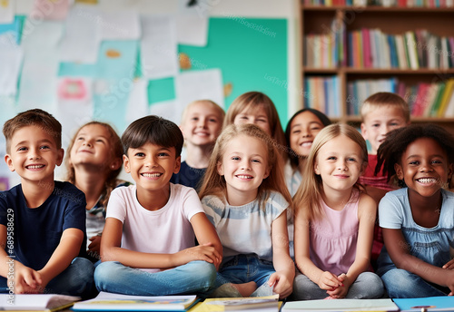 Group Of Pre School Children Answering Question In Classroom photo