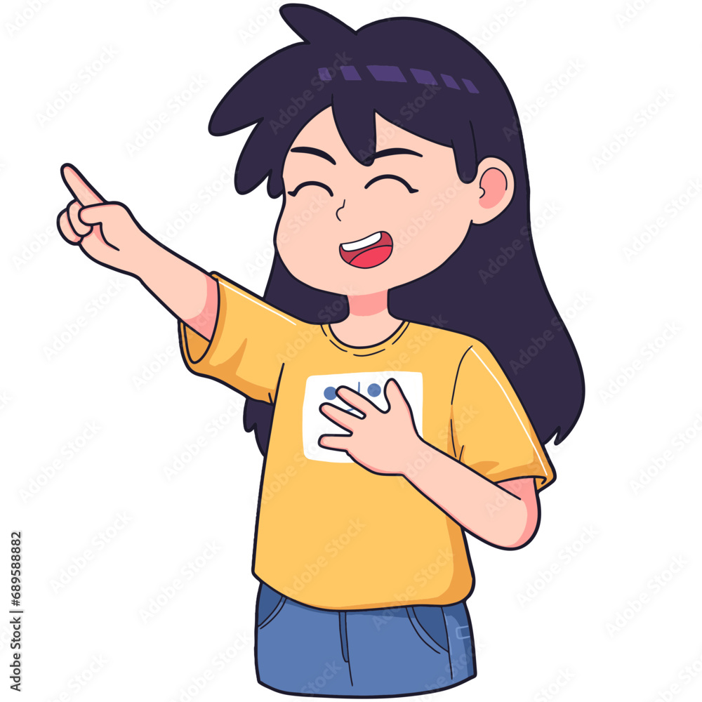 the expression of a girl who is laughing out loud while pointing at something that she thinks is funny, cartoon expression illustration