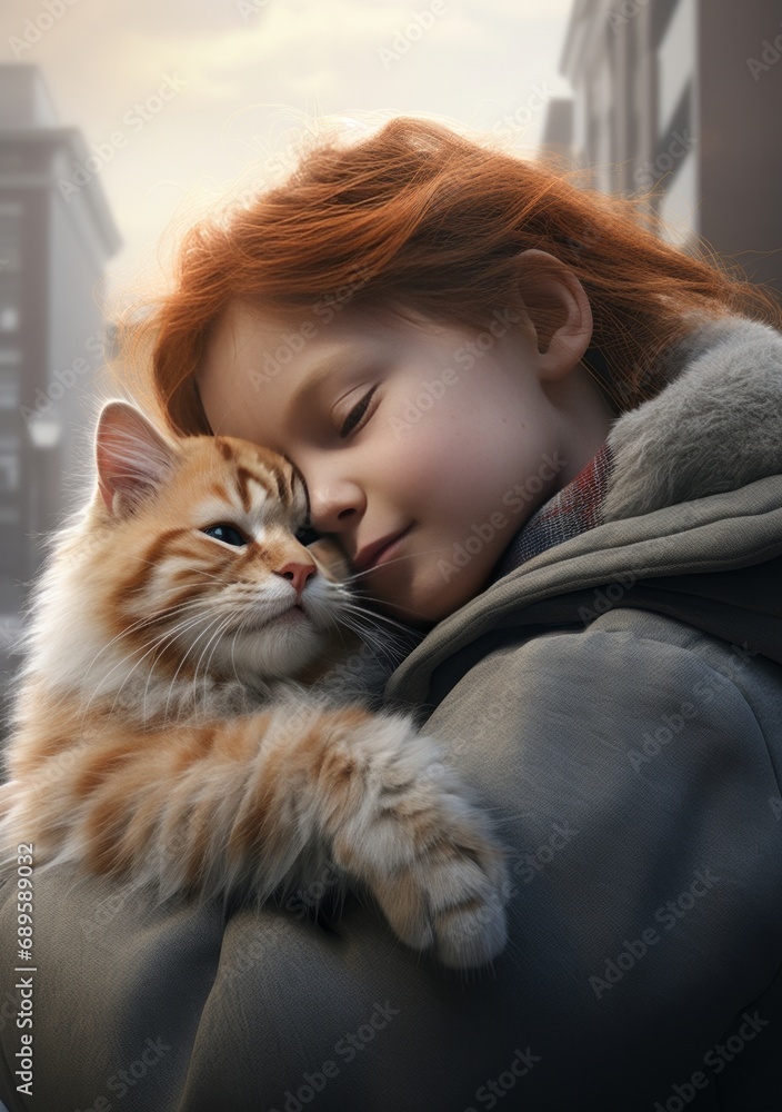 little Girl hugging a cat kitten, AI Generative