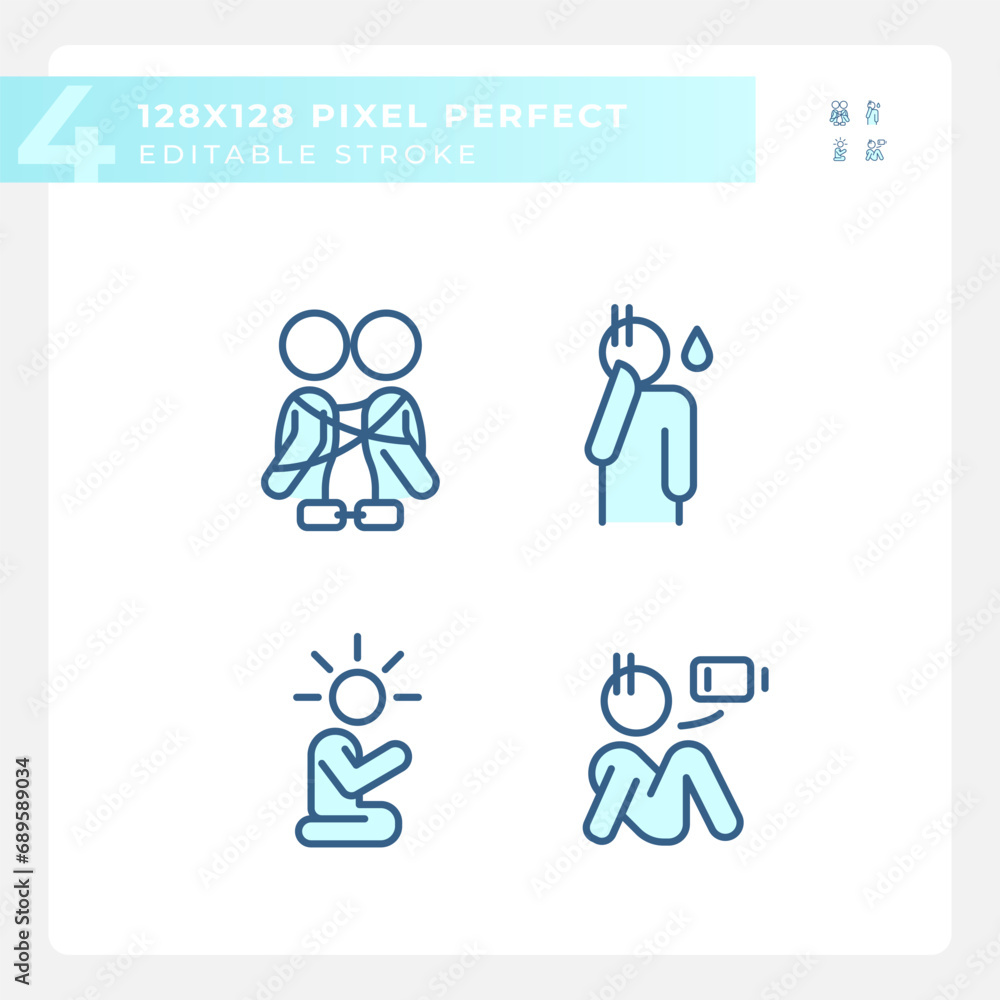 Pixel perfect blue icons representing psychology, editable thin line illustration set. Pixel perfect blue icons representing psychology, editable thin line illustration set.