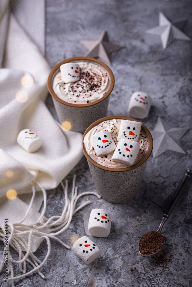 Hot chocolate with snowman marshmallow Hot chocolate with snowman marshmallow