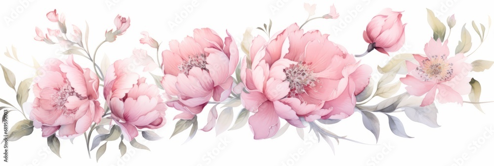 Bouquet of beautiful soft pink peony flowers on white background, watercolor illustration, banner Bouquet of beautiful soft pink peony flowers on white background, watercolor illustration, banner