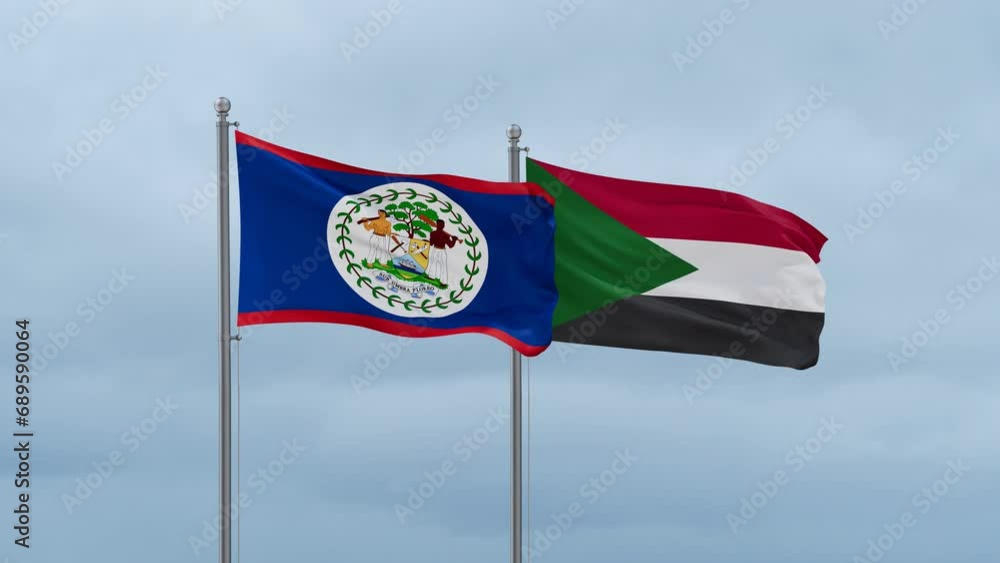 Sudan and Belize flag waving together on cloudy sky, endless seamless loop, two country cooperation concept Sudan and Belize flag waving together on cloudy sky, endless seamless loop, two country cooperation concept