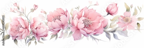Bouquet of beautiful soft pink peony flowers on white background  watercolor illustration  banner