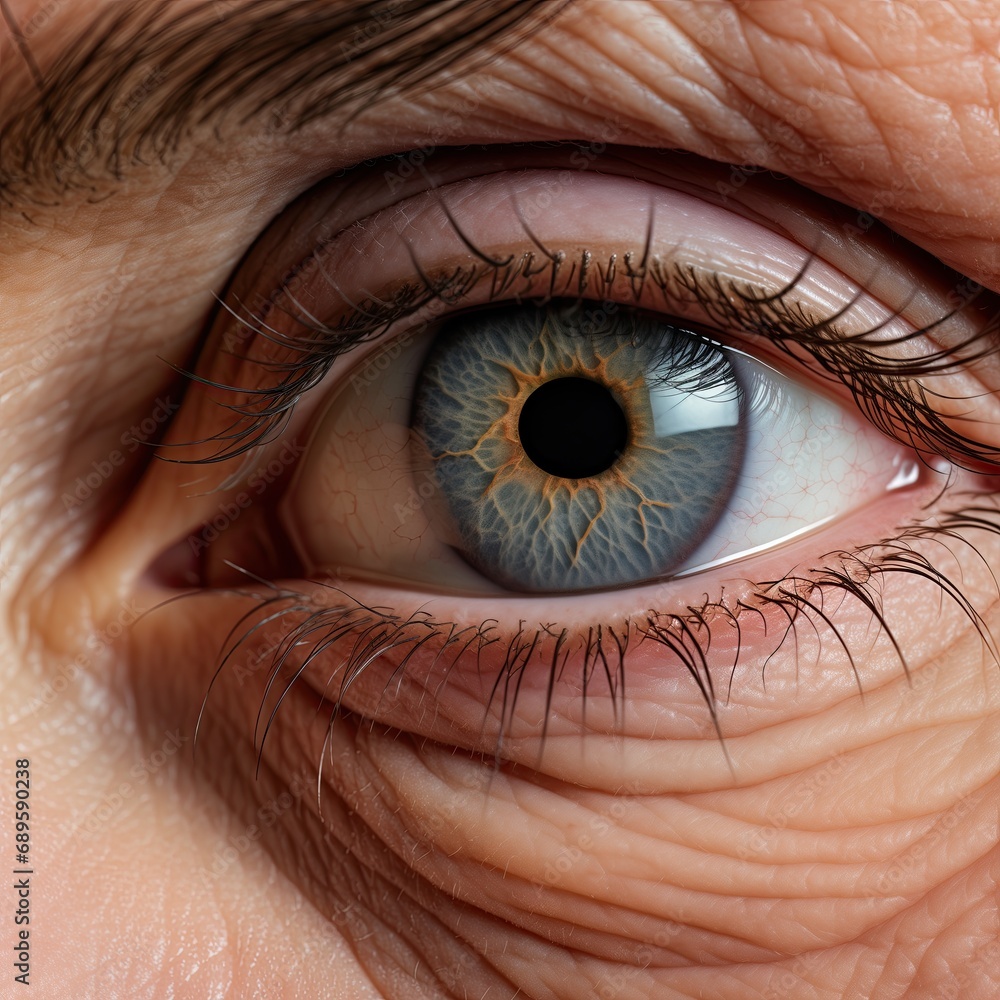 Fototapeta premium Pupil. Eyeball. Iris. Vision. External canthus dynamic lines. Wrinkles. Senior person. Face-lifting. Esthetics. Face. Skincare. Spa. Mimic. Eyebrow. Facial lines. Rhytids. Cosmetology