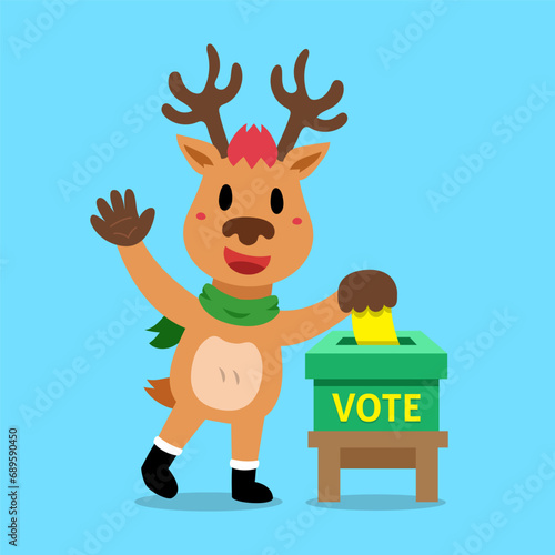 Cartoon christmas reindeer putting voting paper in the ballot box for design.