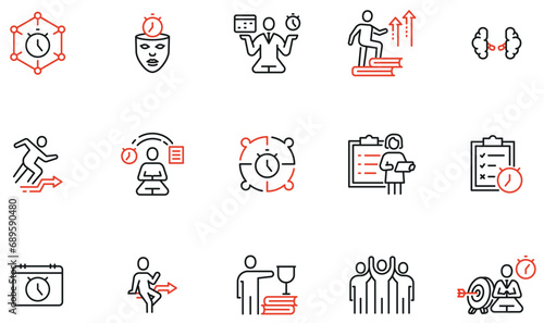 Vector Set of Linear Icons Related to Striving for development, Self-realization, Desire for Success, Organization of Work Process. Mono line pictograms and infographics design elements