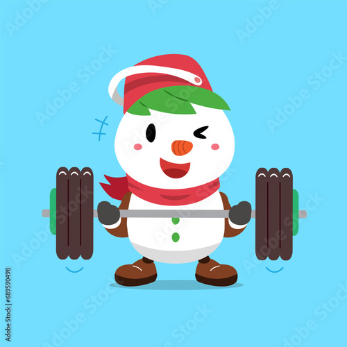 Cartoon character christmas snowman doing weight training for design.