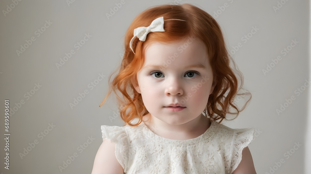 portrait of a little girl , portrait of kid ,white background ,orange hair