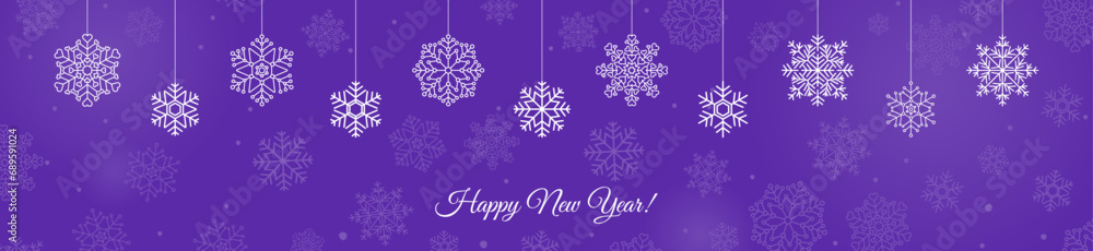 Happy new year purple blue banner design with snowflake vector illustration. Winter holidays concept card design to use for new year, christmas cards, winter banner advertising, holiday greetings. Happy new year purple blue banner design with snowflake vector illustration. Winter holidays concept card design to use for new year, christmas cards, winter banner advertising, holiday greetings.