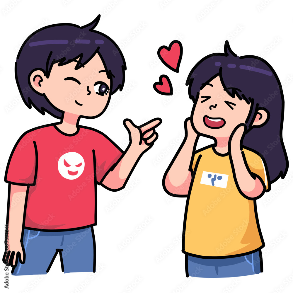 a guy seduces his girlfriend until he makes her blush. cartoon couple expression illustration a guy seduces his girlfriend until he makes her blush. cartoon couple expression illustration