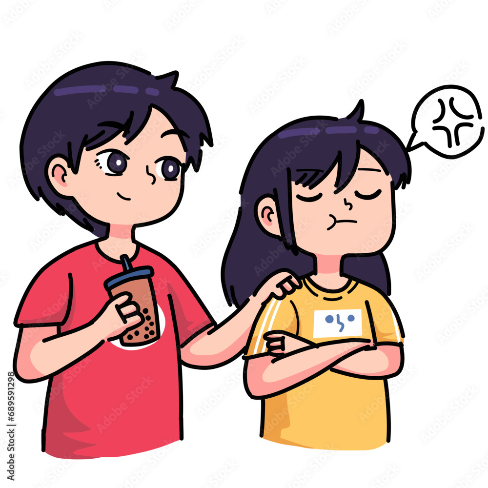 A man persuades his angry girlfriend, the man gives her his favorite boba drink. cartoon couple expression illustration A man persuades his angry girlfriend, the man gives her his favorite boba drink. cartoon couple expression illustration