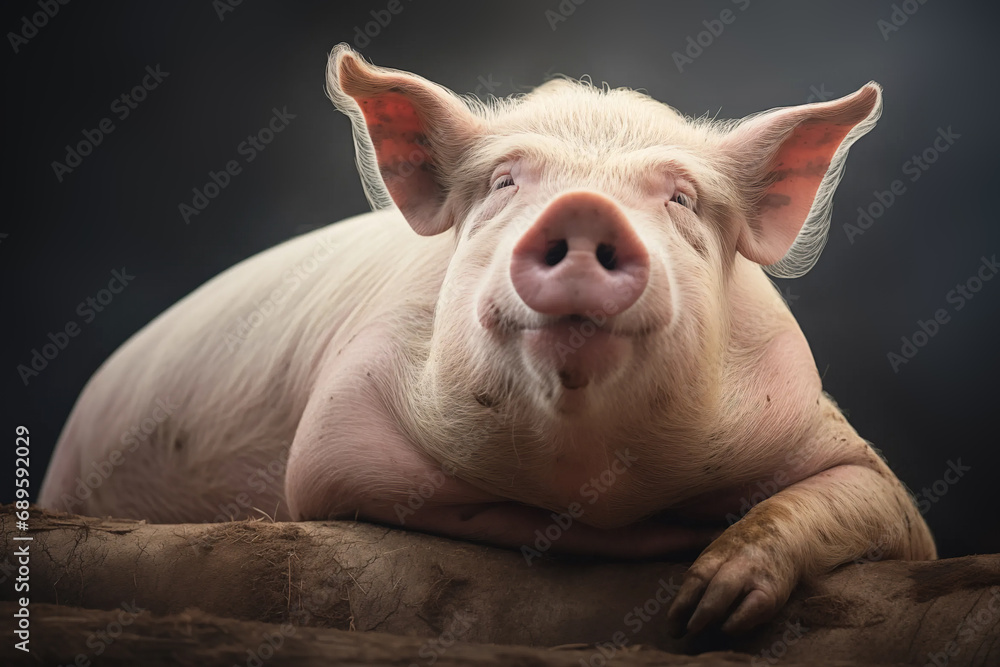 pig cute pink large old sitting on a log isolated on a dark background showing his trotters and snout in an adorable nature setting pig cute pink large old sitting on a log isolated on a dark background showing his trotters and snout in an adorable nature setting