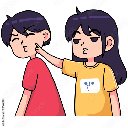 woman holding her nosy boyfriend's cheek.cartoon expression couple illustration