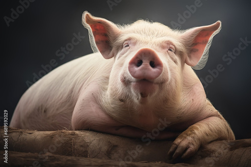 pig cute pink large old sitting on a log isolated on a dark background showing his trotters and snout in an adorable nature setting photo
