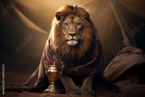 A Lion with a trophy in a strong and proud victorious pose showing winning and success in a powerful scene