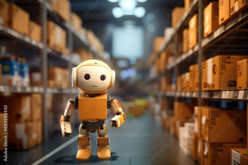 Robot in a warehouse with boxes. Issuing orders. Logistics center for storing goods. Automation and workability Robot in a warehouse with boxes. Issuing orders. Logistics center for storing goods. Automation and workability