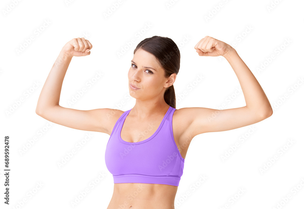 Strong, flexing and portrait of woman with fitness from workout or sports in white background. Serious, athlete and pride from achievement, development or power in studio space with confidence Strong, flexing and portrait of woman with fitness from workout or sports in white background. Serious, athlete and pride from achievement, development or power in studio space with confidence