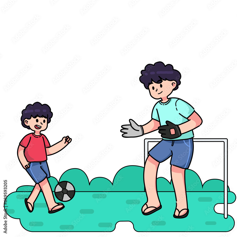 father and son are playing football together on the field, they really enjoy playing together father and son are playing football together on the field, they really enjoy playing together