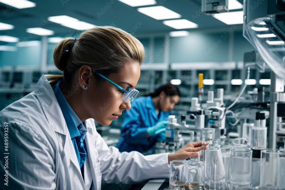 scientists working in a laboratory for medical research or analysis together scientists working in a laboratory for medical research or analysis together