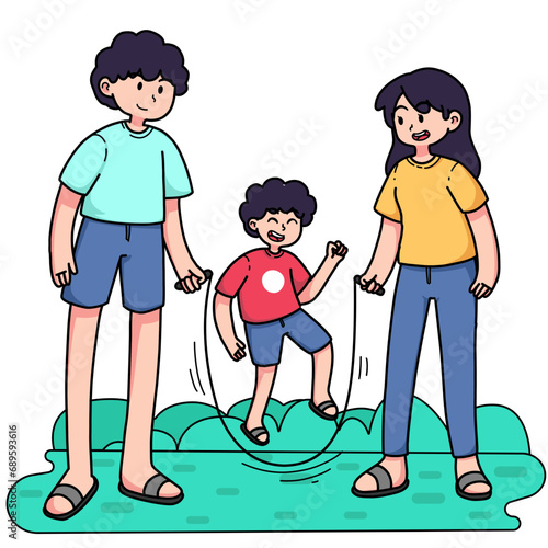 mother and father were accompanying their son to play together in the park, they were playing jump rope happily