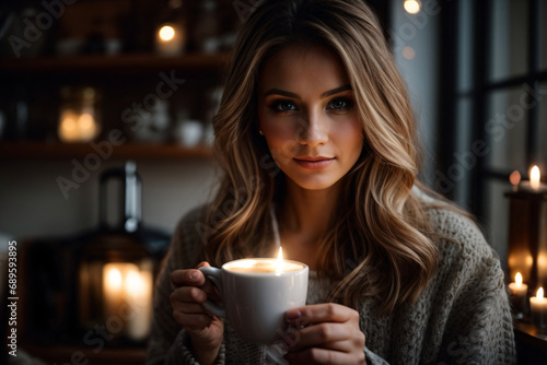 a pretty Woman holding a cup of hot coffee, in a cozy house