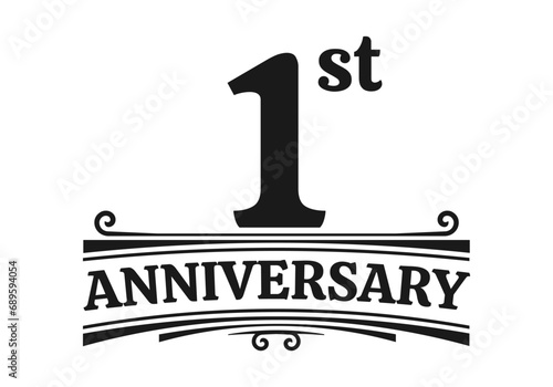 1 year anniversary logo, icon or badge. 1st birthday, jubilee celebration, wedding, invitation card design element. Vector illustration.