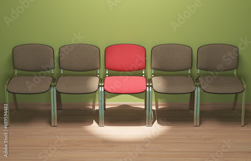 An illuminated chair that attracts attention in the middle of empty chairs. A conceptual image on the topic  leadership  standing out from the crowd  differing from each other. 3D Illustration.