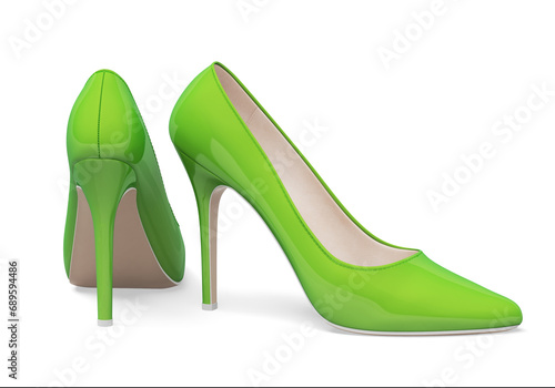 Elegant women's high-heeled shoes. Patent leather. Green color. 3d illustration. Isolated on white background