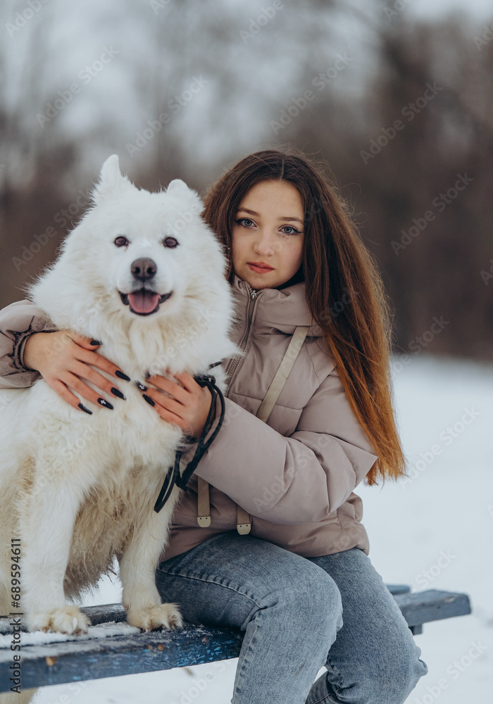A girl walks with her beloved pet Samoyed in winter on the shore of a lake in the park. A girl walks with her beloved pet Samoyed in winter on the shore of a lake in the park.