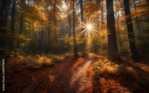 A sunny morning in an autumn forest  with rays of lights