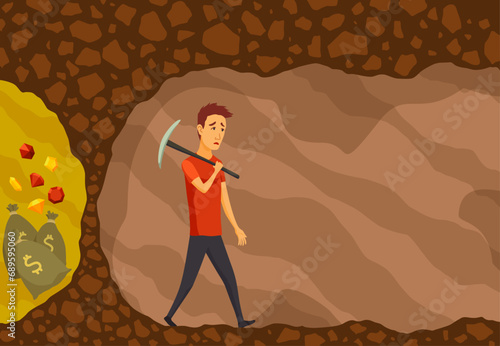 Businessman fail. Man use pickaxe to dig caves in search valuable treasures. Ambitious and challenging to succeed in business. Career development and motivation to achieve great goals concept