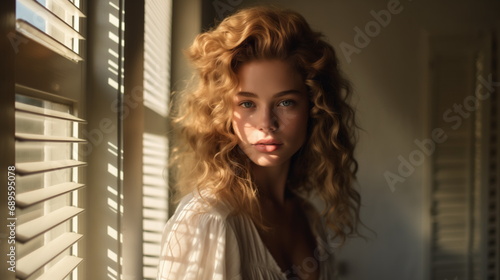 Portrait of a beautiful woman at the window with blinds, sunlight through the window on her face, curly blonde hair