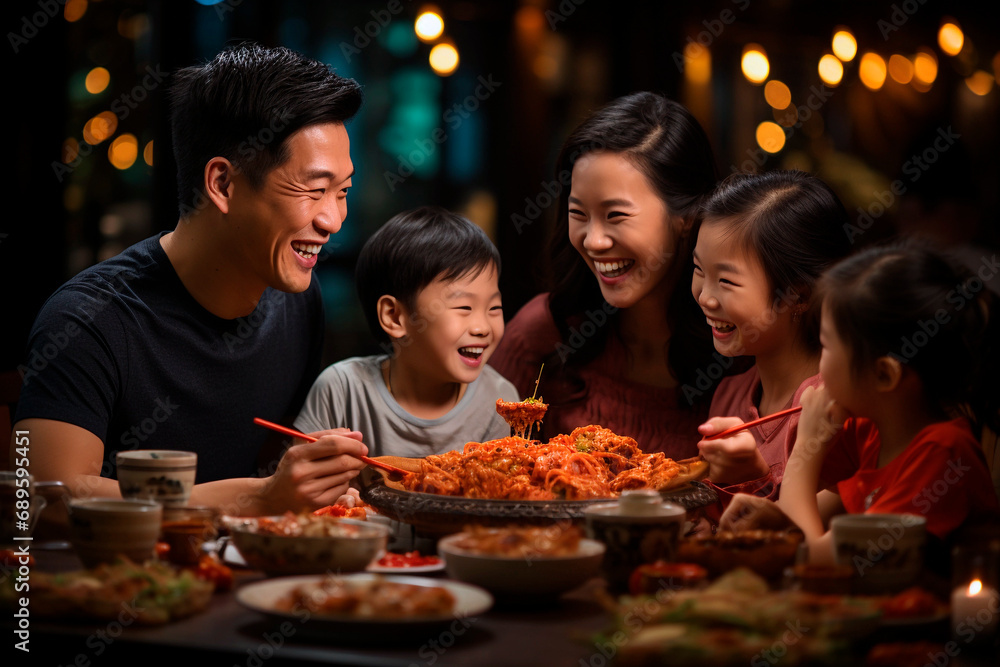 A happy Chinese family of 5 eating typical asian food for dinner. - obrazy, fototapety, plakaty 