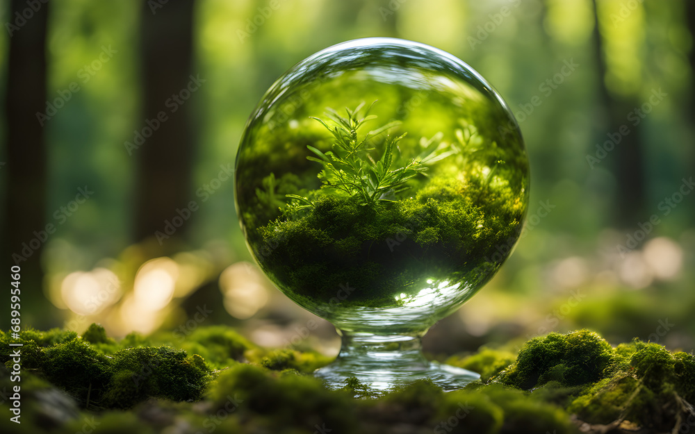 Closeup on a earth glass globe in the forest with moss and defocused abstract sunlight