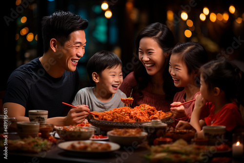 A happy Chinese family of 5 eating typical asian food for dinner. photo
