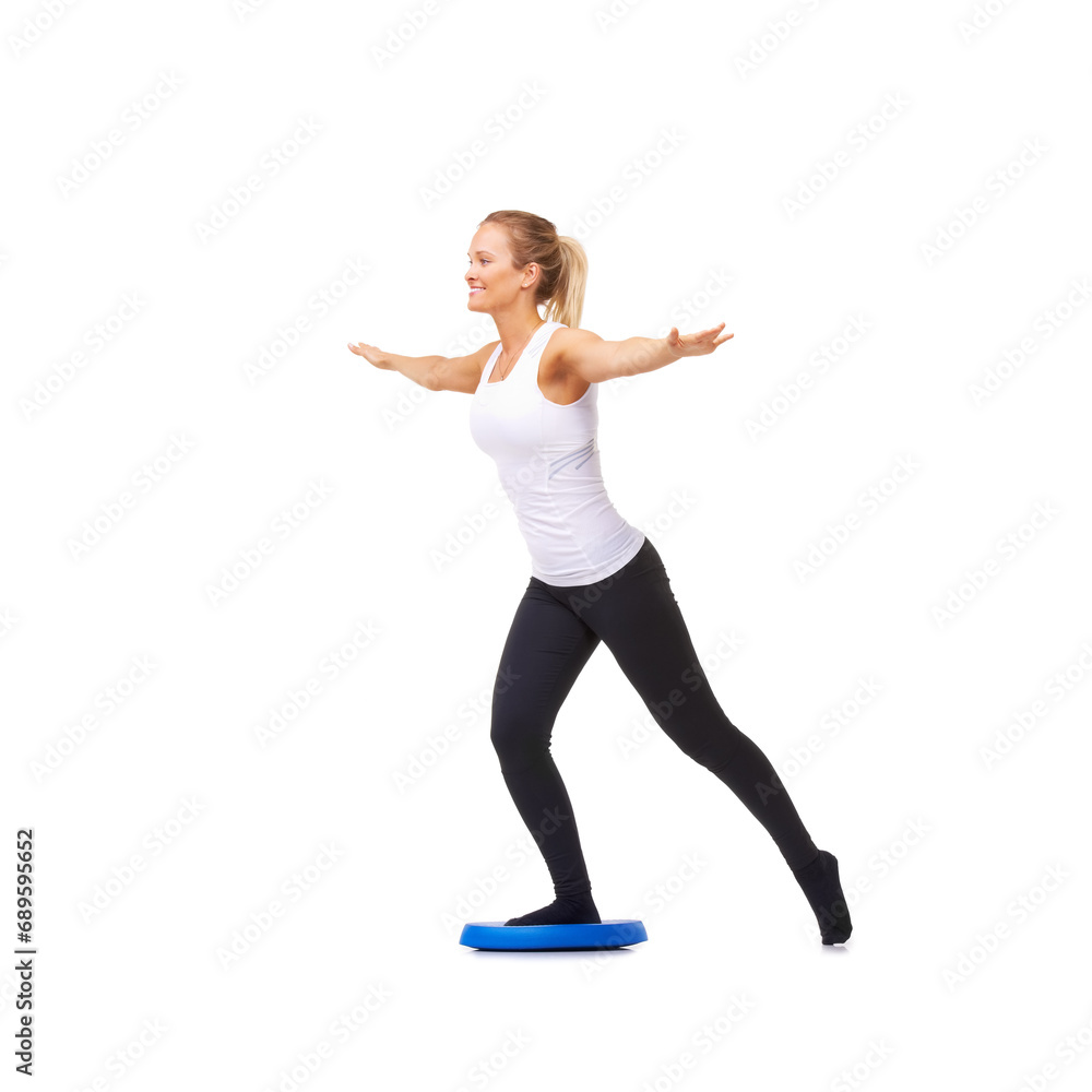 Balance, health and smile with woman on disk in studio for workout, mindfulness or exercise. Wellness, challenge and training with person on white background for flexibility, fitness or aerobics Balance, health and smile with woman on disk in studio for workout, mindfulness or exercise. Wellness, challenge and training with person on white background for flexibility, fitness or aerobics