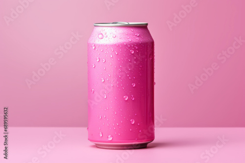 Pink aluminum can without label with water drops isolated on pink empty background with space for logo, name or text.generative ai photo