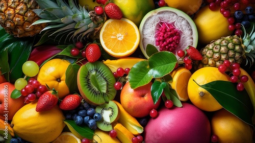 Colorful display of various tropical fruits, vibrant and fresh
