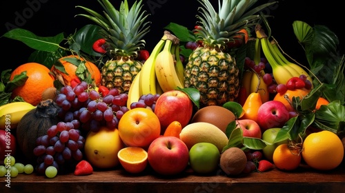 Colorful display of various tropical fruits, vibrant and fresh