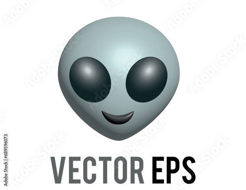 Vector oval, bare head of gray alien 3D icon with black eyes, smile