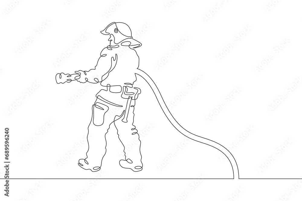 Firefighter in protective uniform. Male rescuer character. Fire officer. One continuous line drawing. Linear. Hand drawn, white background. One line.