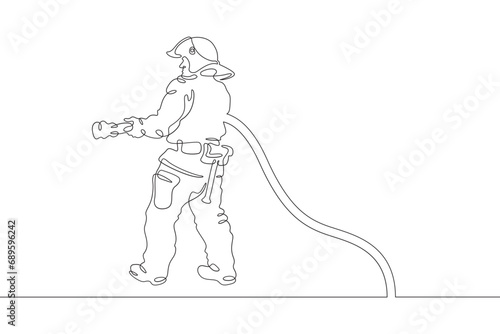 Firefighter in protective uniform. Male rescuer character. Fire officer. One continuous line drawing. Linear. Hand drawn, white background. One line.
