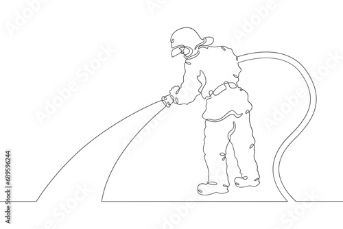 Firefighter in protective uniform. Male rescuer character. Fire officer. One continuous line drawing. Linear. Hand drawn, white background. One line.